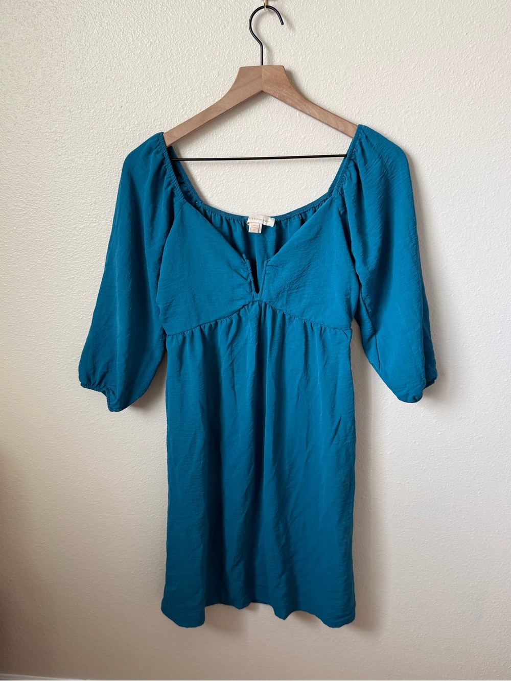 Monteau Teal Mini Dress with Peasant Sleeves